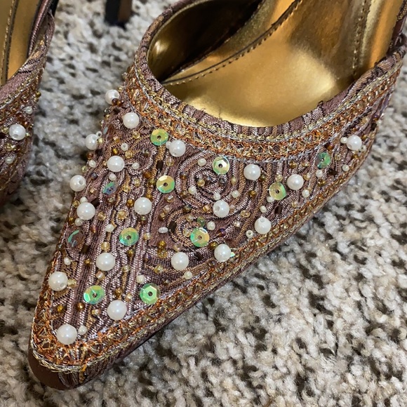 NWOT Brown Metallic beaded 3” ankle strap heels by Anne Michelle - size 7 - Picture 2 of 8